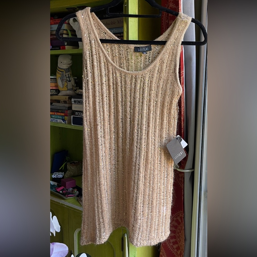 SISTERS Beachy Gold Mohair Blend Open Weave Sequined Sweater Tank NWTs Sz S